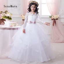 Beautiful White Lace Long Sleeves Flower Girls Dresses for Wedding with Sash Ball Gown Girls First Communion Dresses Size 2-16Y long sleeve flower girls dresses for wedding mermaid mother daughter dresses lace first communion dresses for girls