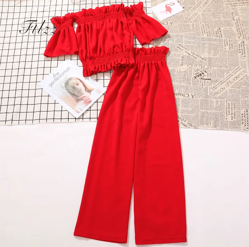 

Sexy Off The Shoulder Lotus Blouse Crop Top With Loose Pants Suits Clothes Woman Two Piece Sets New 2018 Summer Beach Boho 2 Pcs