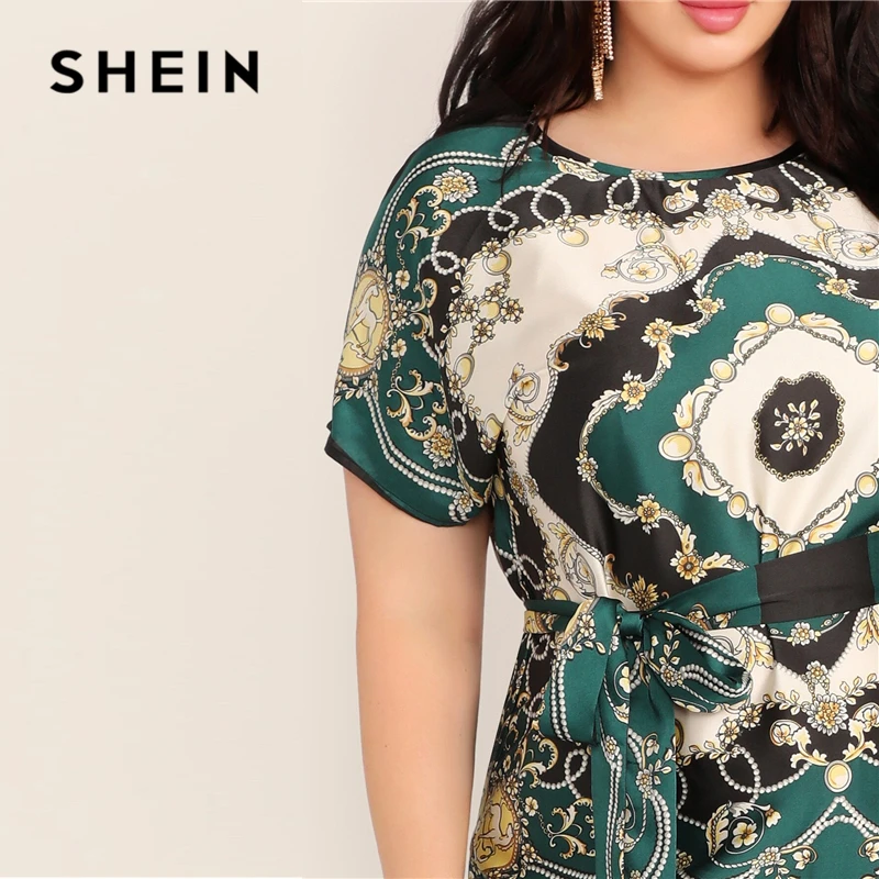 SHEIN, платье трапециевидной формы с зеленым шарфом размера плюс,, женское летнее стильное длинное платье макси с высокой талией