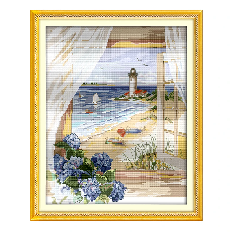 

Joy Sunday Chinese cross stitch kits Sea view window DMC14CT11CT cotton fabric livingroom hotel painting factory wholesalerect