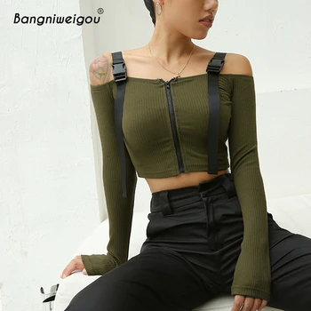 

Bangniweigou Casual Street T Shirt Buckle Strappy Slash Neck Zip Up Crop Top Short Shirts for Women Long Sleeve Knit Tops 2019