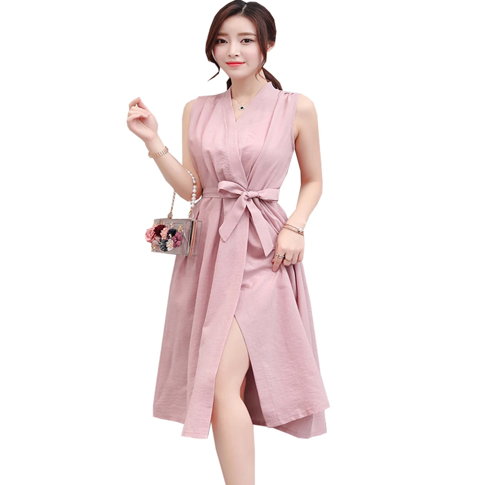 Elegant Spring Summer Linen Dresses Women Sleeveless A Line Dress Black Pink Blue Soft Dress