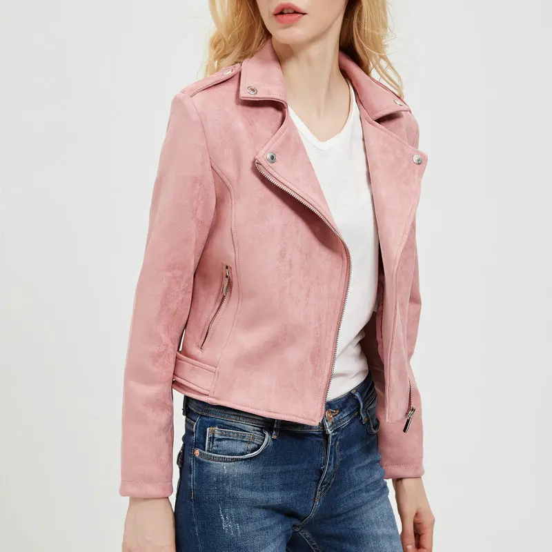 Элегантный дизайн Для женщин из PU искусственной мягкой замши Кожаные куртки леди Slim fit Симпатичные матовая пальто Верхняя одежда Розовый и красный цвет СЕРЫЙ Кофе