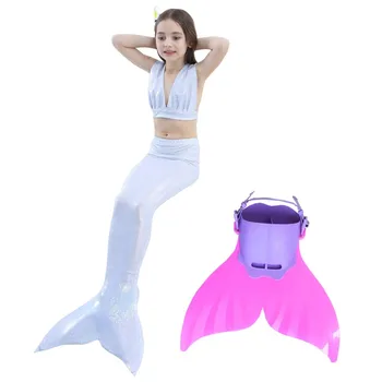 

4PCS Girls Mermaid Tail With Monofin Kids Costume Swimming Little Tail Mermaid Dress Children Bikini Halloween Swimsuit Cosplay