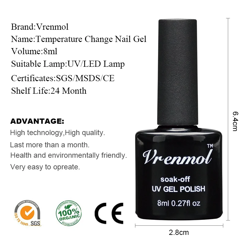 Vrenmol, 1 шт., меняющий цвет, замачиваемый УФ-гель, цвета, лак Verniz, Термальный, меняющий настроение, Гель-лак для ногтей