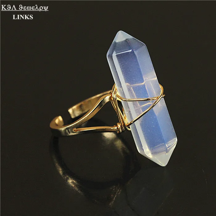 

White Opal Stones Double Points Adjustable Transparent Rings Wire Wrapped Quartz Stone Ring Semi-precious Drusy ring