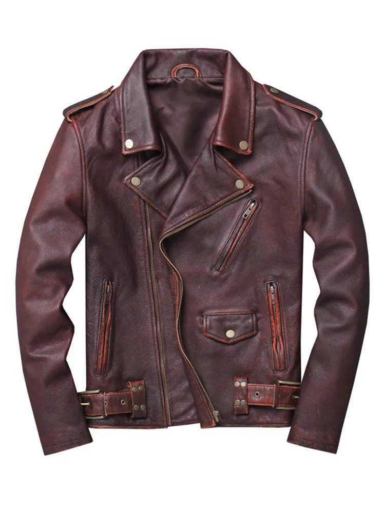 Винтажная коричневая Мужская Американская мотоциклетная кожаная куртка размера плюс XXXXXL Натуральная Воловья кожа Весенняя байкерская куртка - Цвет: Vintage Brown