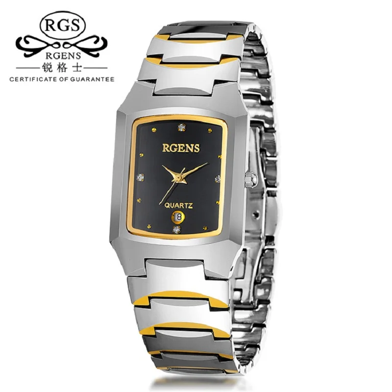 

RGENS brand mens watches square quartz tungsten steel man wristwatches Goldsmith black calendar waterproof diamond male clocks