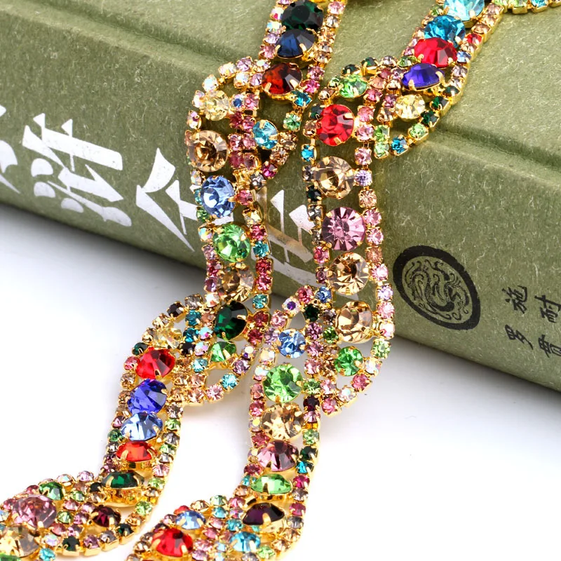 Handmade Welded gold plating Colorful Crystal Rhinestone Chain DIY