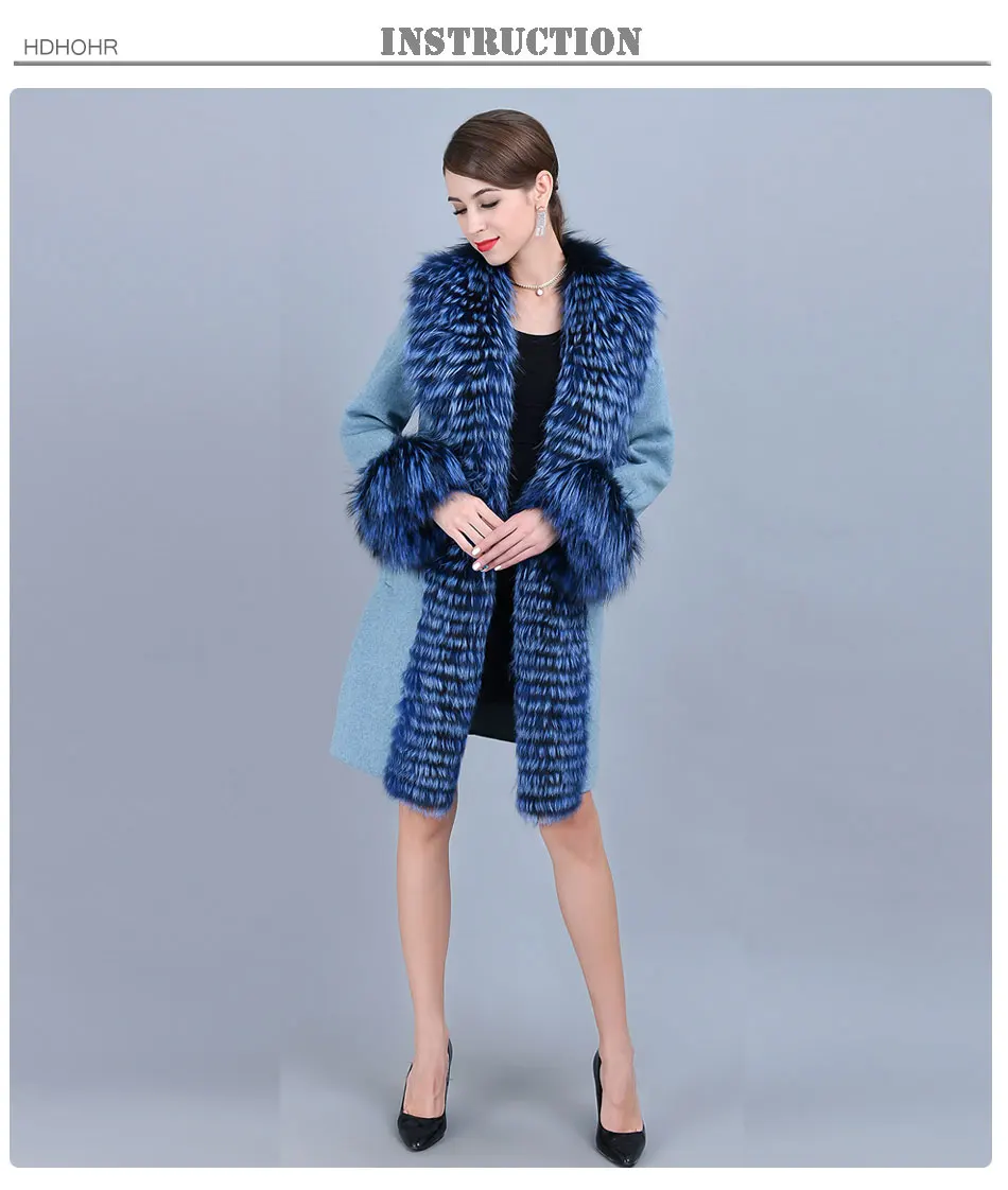 HDHOHR Горячая кашемировое пальто для женщин Зимний воротник с натуральным лисьим мехом Куртка из натуральной кожи лисий мех пальто для женщин