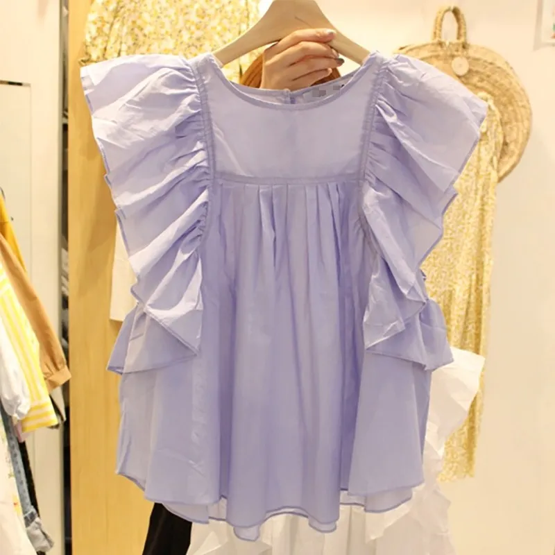 

2019 Spring and Summer Elegant Women Shirts Sweet Casual Shirts Short Ruffles Solid O-Neck Shirts Butterfly Sleeve