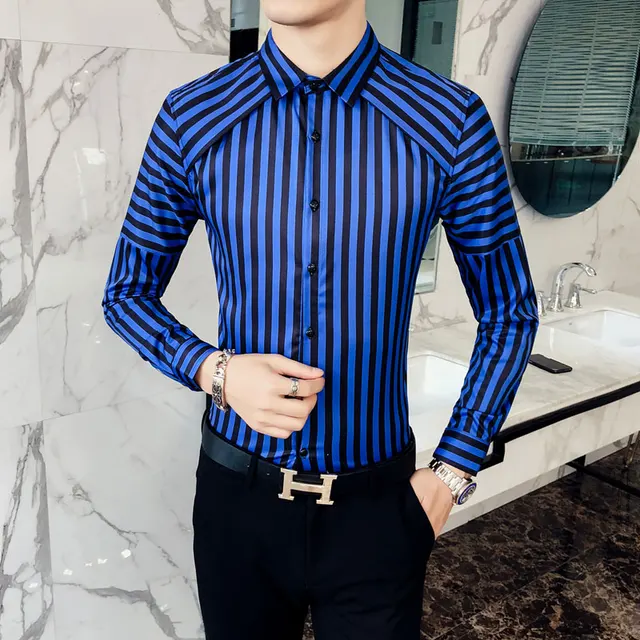 Men's Contrast Vertical Striped Dress Shirts High quality Comfortable