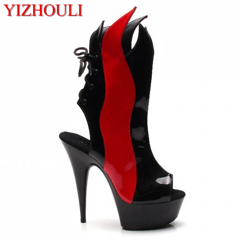 

With flame-style 15cm high heels and cool nightclub sexy high heel boots, model stage performance, dancing shoes