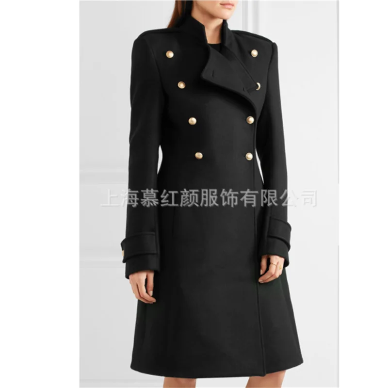 Зимнее повседневное модное двубортное Женское пальто плюс размер черный элегантный шерстяной пальто