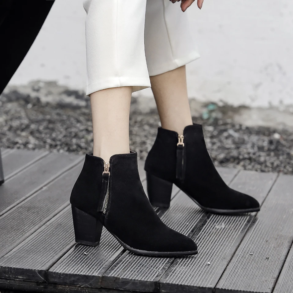 Г. Зимние брендовые новые милые женские ботильоны черного и абрикосового цвета модная женская обувь телесного цвета на высоком каблуке EB133, большие размеры 10, 32, 43, 46 - Цвет: Black