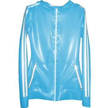 Rubber Top Latex Unisex Light Blue and White Stripe With Zipper Hooded Coat Size XXS-XXL Rubber Top Latex Unisex Light Blue and White Stripe With Zipper Hooded Coat Size XXS-XXL