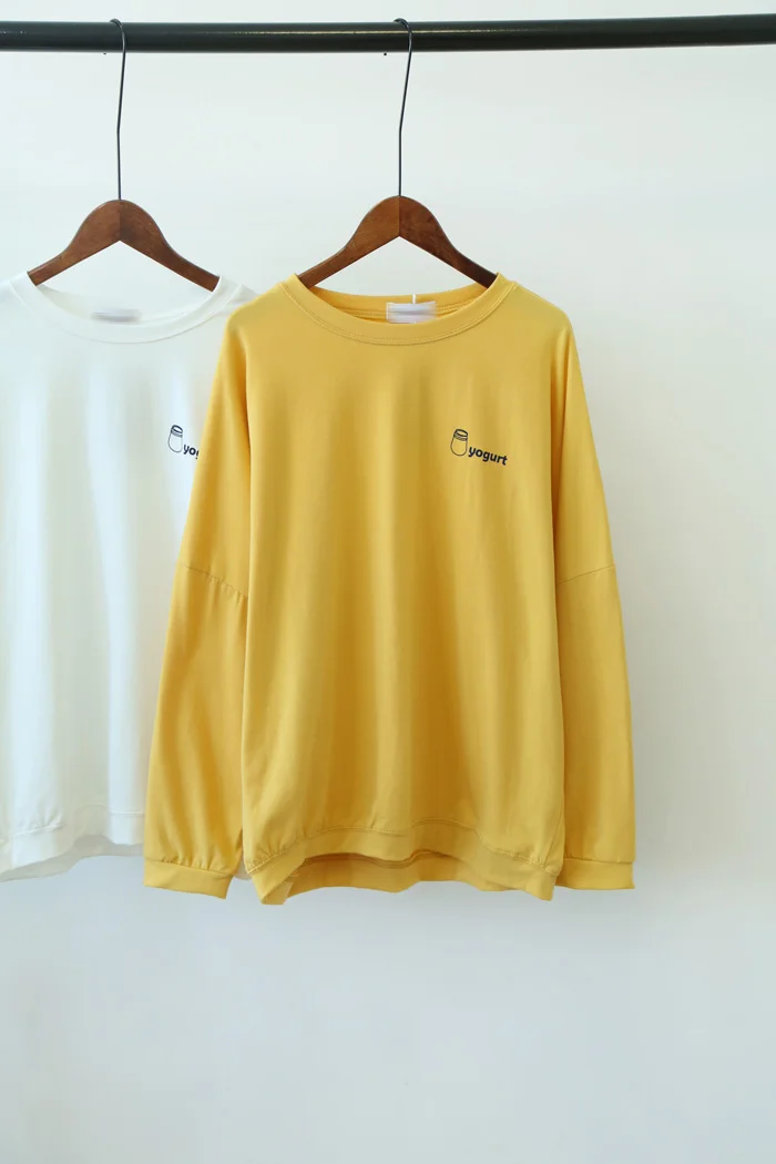 Новинка осени, женские футболки в Корейском стиле Харадзюку, женские футболки с длинным рукавом, свободные, желтые, белые, футболки с забавным мультяшным рисунком