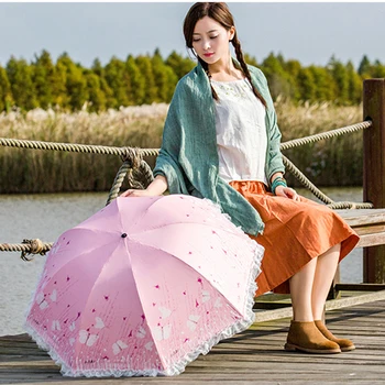 

Pastoral Style Lace Woman Anti Sun Parasol Outdoor Travel Black Coating Three-folding Anti UV Sunny Rainy Umbrella Friend Gifts