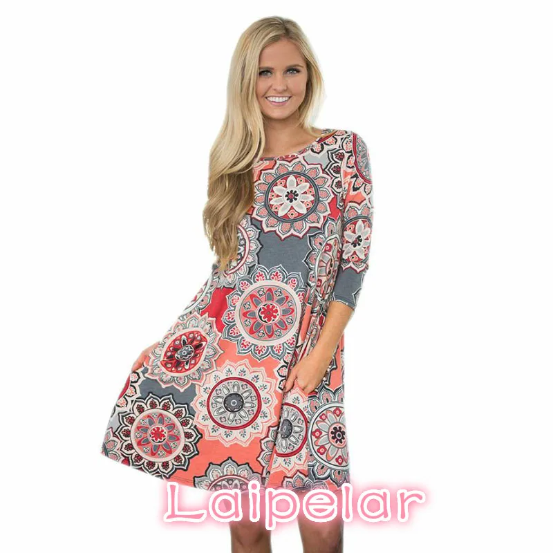 

Midi Dress Women Print O Neck Mini Dress Tunic Mini Party Dresses Three Quarter Sleeve Casual Dresses Vestidos De Fiesta