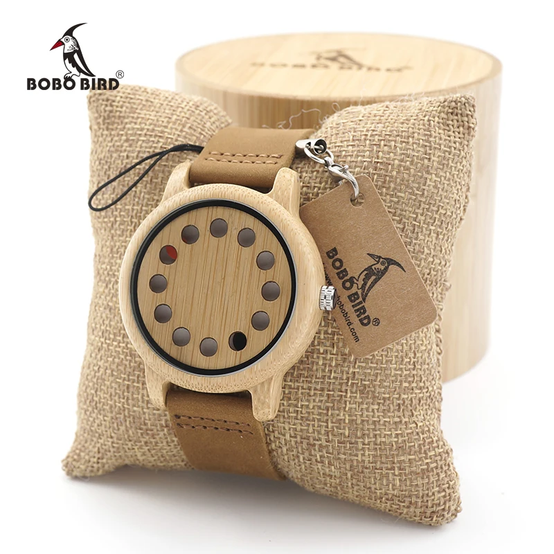 BOBO BIRD 12 Holes Design Bamboo Wooden Watch Mens Quartz Analog Watches erkek kol saati with Leather Band as Gift