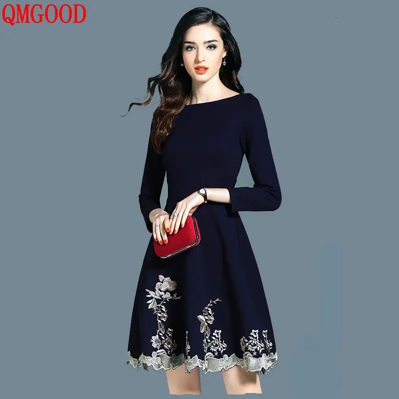 

QMGOOD Womans Elegant Spring Dress with Embroidery 2018 New Slim Big Swing A Dress Mids Waist Luxury Prom Party Dress Elegant