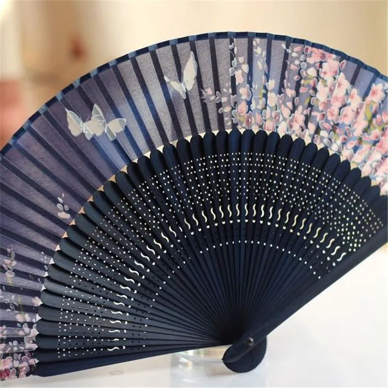 

18*36cm Chinese Japanese Folding Pan Silk Dance Fan Blue Butterfly Hand Flower Bamboo Asian Pocket Folding Fan Wedding Supplies