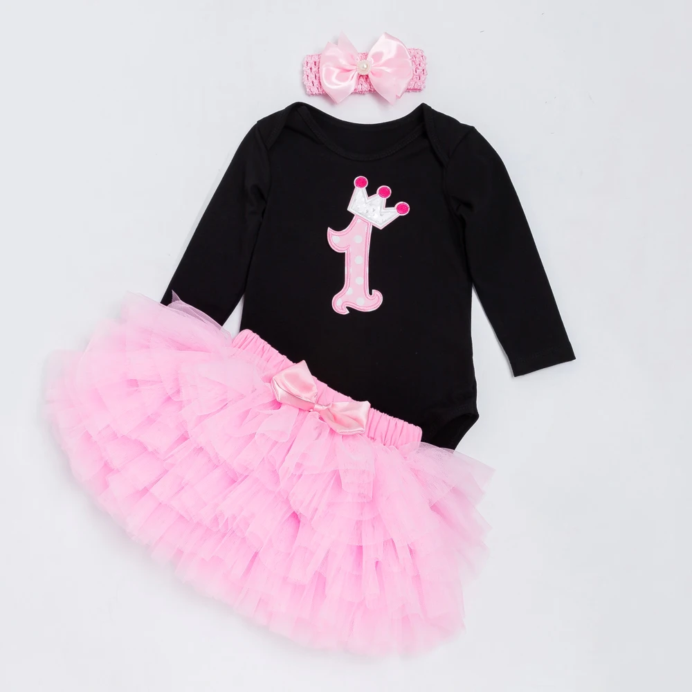 

New Baby Clothing Set Girls Birthday Black Long Sleeve Letter Romper+Pink Color Tutu Skirt+Headband 2016 Original YK&Loving New