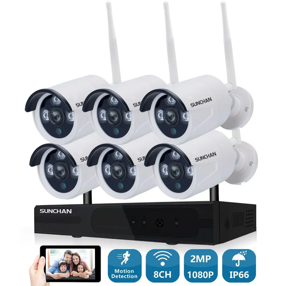 SUNCHAN 8CH Wifi CCTV Security Camera System In/Outdoor 1080P 2.0MP 6pcs Array LEDs Waterproof IP Camera 65ft LED Night Vision 