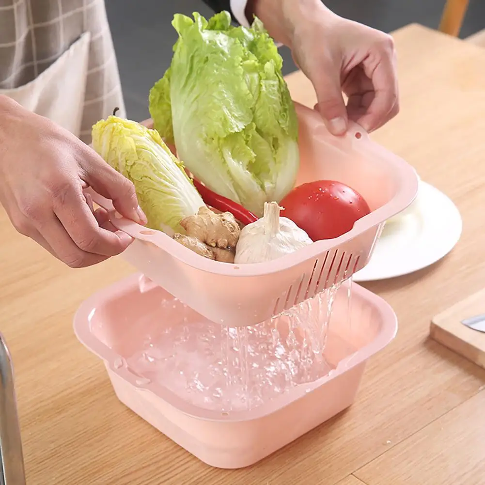 

Kitchen Square Double Layer Vegetable Basket Vegetables Fruit Drain Basket Storage Box Holder Useful