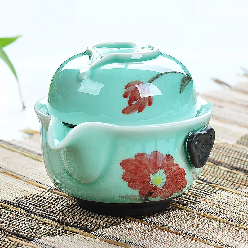 Ручная роспись Longquan celadon портативный путешествия керамическая супница чайный набор кунг-фу чайник Quick чашка Ретро украшение дома - Цвет: see chart