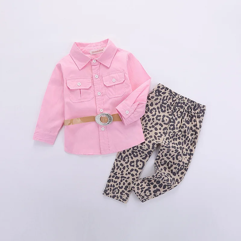 

Spring Autumn Fashion Kids Baby Girls Pink Shirts Tops+Leopard Print Pants + Belt 3Pcs Outfits Children Girls Set