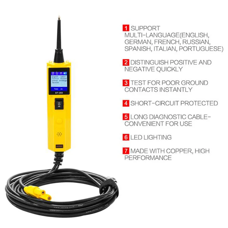 Probador de circuito de coche BT260 Sonda de potencia herramienta de diagnóstico de Sistema eléctrico automático prueba de voltaje automotriz mejor que YD208 PT150 Probador de circuito de coche BT260 Sonda de potencia herramienta de diagnóstico de Sistema eléctrico automático prueba de voltaje automotriz mejor que YD208 PT150