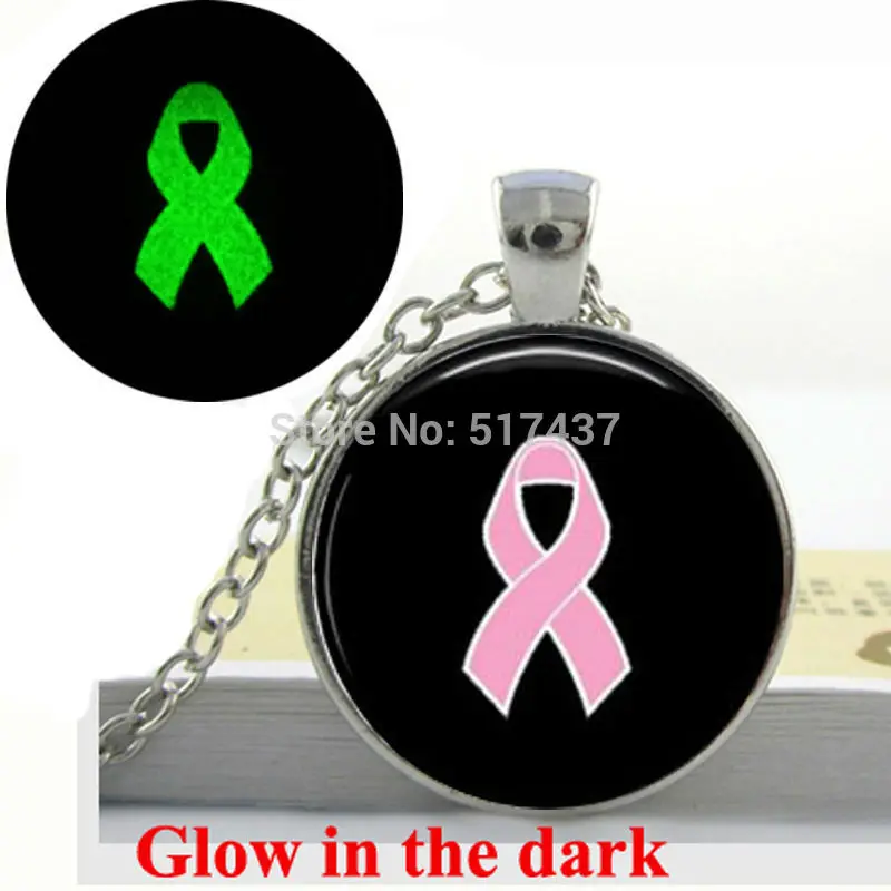 

Glow in the dark Necklace Pendants Pink Ribbon Necklace Breast Cancer Awareness Pink Ribbon Pendant Photo Glass Glowing Jewelry