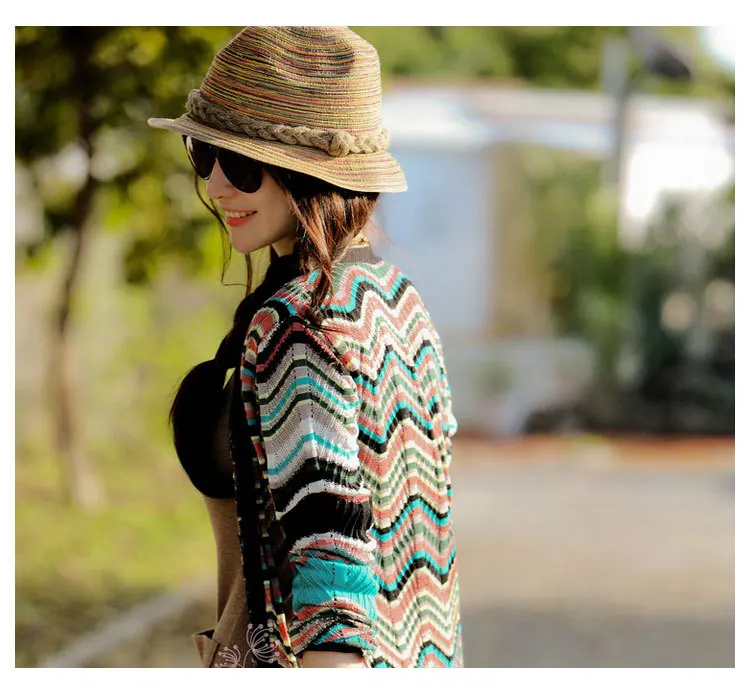 New Vintage Style Handmade Straw Hat Colorful Vacation Sun Hats Beach Casual Twist Detailing Summer Panama Sun Beach Hat Women 5