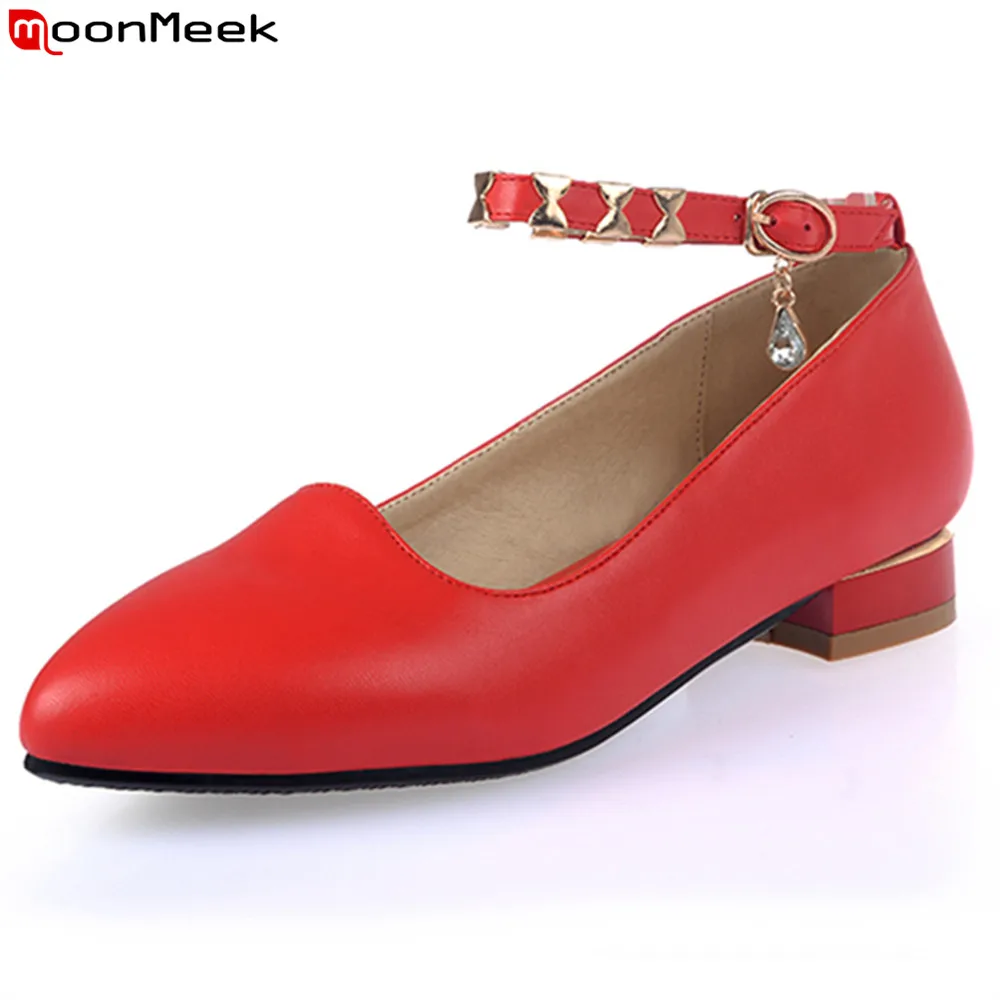 

MoonMeek 2018 hot prevail pumps women shoes pointed toe square heel with buckle low heels red black color female shoes