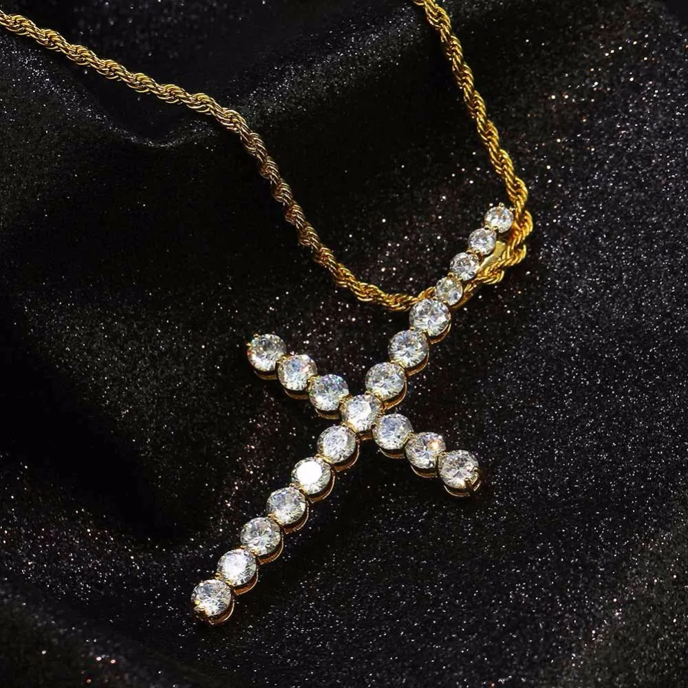 

Prong Setting Round CZ Stone Bling Ice Out Long Thin Cross Pendants Necklaces Men Women Fashion Hip Hop Rapper Jewelry