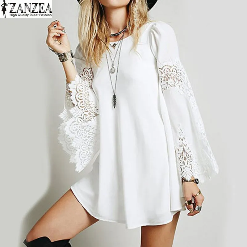 Zanzea S-5XL المرأة الصيف الربيع المتضخم الرباط الكروشيه الجوف خارج فضفاض بوهو شاطئ حزب البسيطة قميص اللباس vestido Zanzea S-5XL المرأة الصيف الربيع المتضخم الرباط الكروشيه الجوف خارج فضفاض بوهو شاطئ حزب البسيطة قميص اللباس vestido