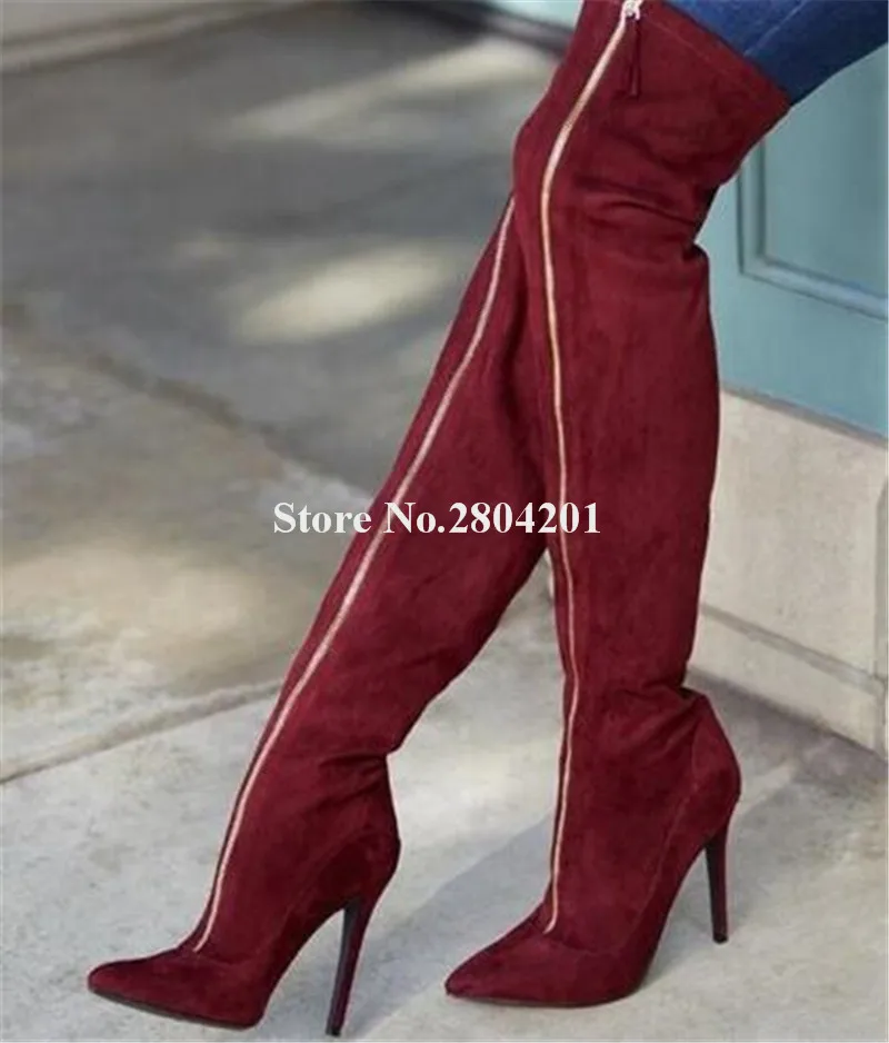 

Women Fashion Suede Leather Pointed Toe Over Knee Thin Heel Boots Wine Red Front Zipper-up Long High Heel Boots Dress Shoes