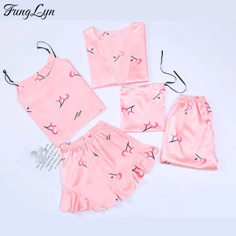 

FL047C 5 Pic Pizama Damska Pyjama Pijamas Mujer Kigurumi Satin Pajamas Pajama Set Silk Pajamas Night Suit Pijama Mujer Pajama