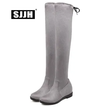 

SJJH Women Flock Over-the-Knee Boots with Round Toe Low Heels Bowtie Rivet Plush Long Boots Fashion Casual Shoes Large Size A985