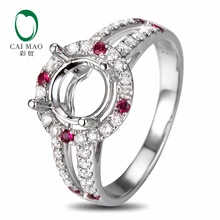 Anniverary 18K White gold Natural 0.48ct Diamond 0.14ct Ruby Engagement Ring Jewelry Semi Mount 7.5mm Round Cut Setting