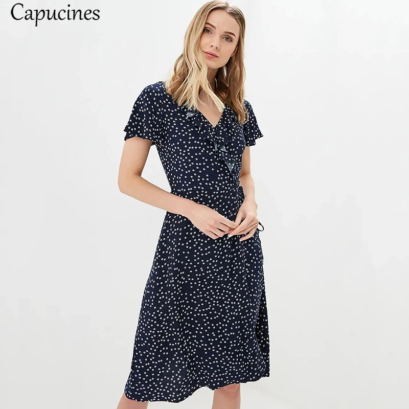 

Flutter Sleeve Floral Printed Women Dress Summer Slim V-Neck Short Sleeves A-Line Ruffles Trim Dress Boho Beach Casual Dresses