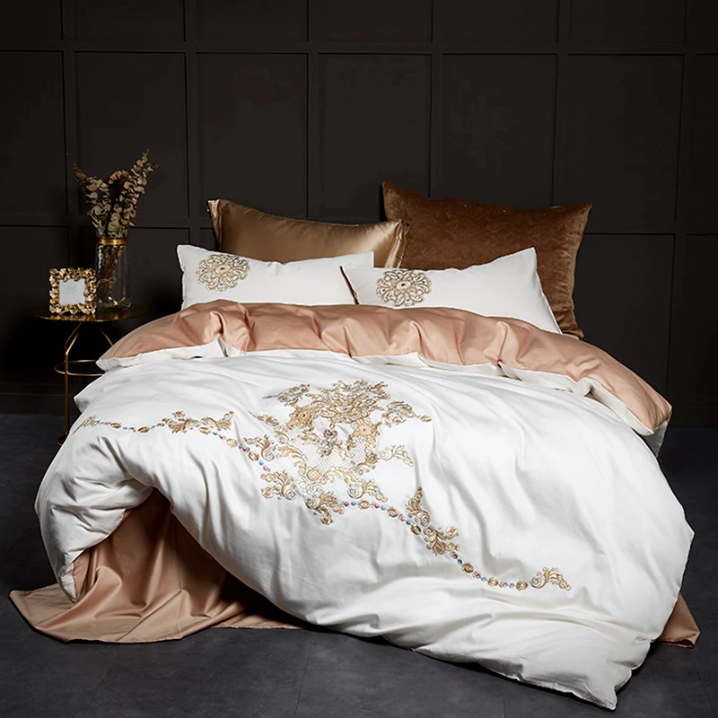 

600TC Egyptian Cotton Luxury Wedding Embroidery White Bedding Set Queen King Bed cover Duvet Cover Pillowcase Bed sheet set #a