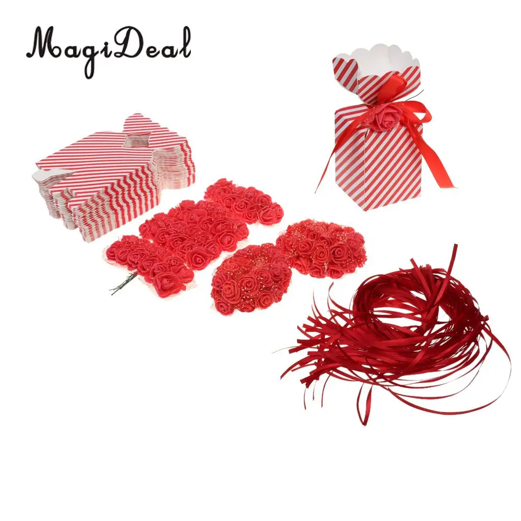 MagiDeal 50pcs Rose Flowers Ribbon Candy Gift Boxes Wedding Party Favor Decor Red