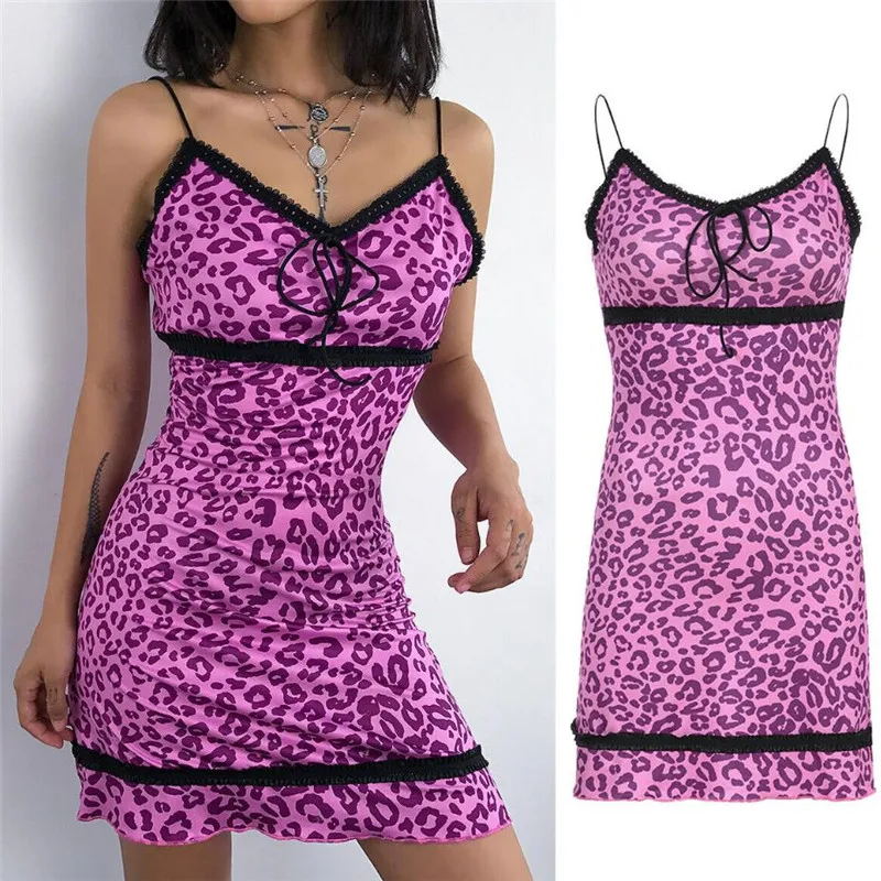 

2019 Sexy Women's Leopard Print Bodycon Dress Sleeveless Straps V-Neck Mini Dress Ladies Summer Slim Sling Sundress Clubwear