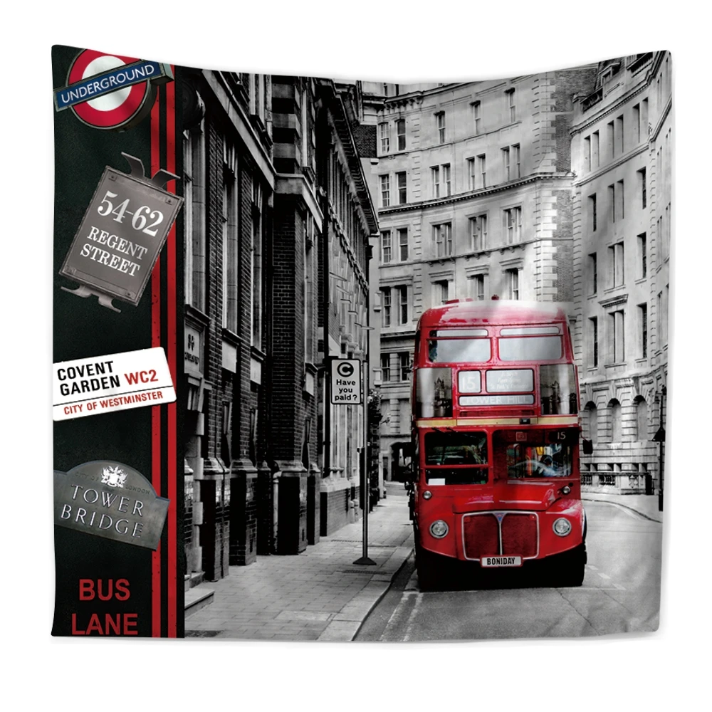

LISM British Style Tapestry Red bus Printed 3D Art Carpet Landscape Tapestry Home Decor Wall Hanging 2 Sizes