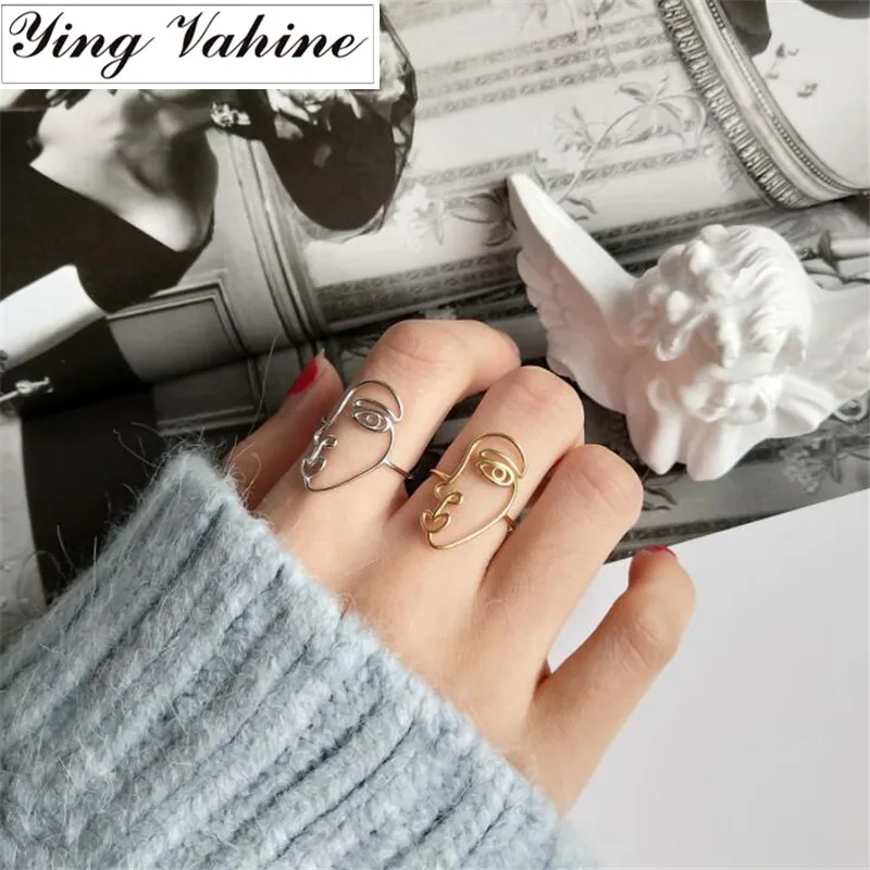 

ying Vahine New Ring 100% 925 Sterling Silver Abstract Human Face Open Rings for Women