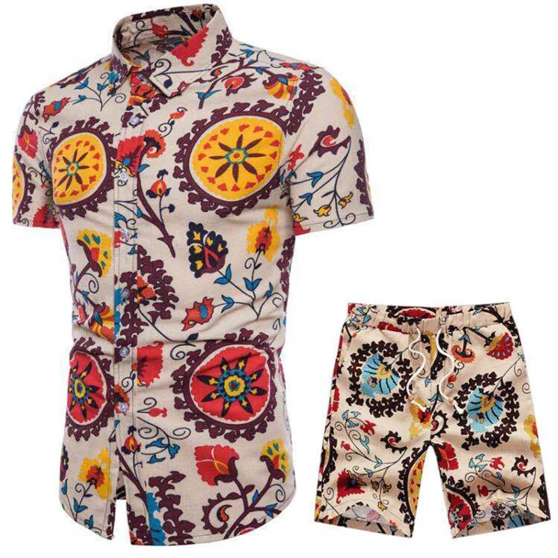 Короткий рукав рубашки поло 2 шт Для мужчин комплект костюм Рубашки домашние Формальное Геометрическая спортивная одежда Цветочный Пляж