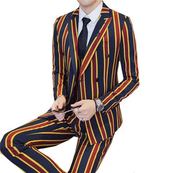 

Slim Fit Double Breasted Suit 2019 Latest Coat Pant Designs Skinny Men Slim Prom Stripe Suits British Wind Wedding Luxe 3 Piece