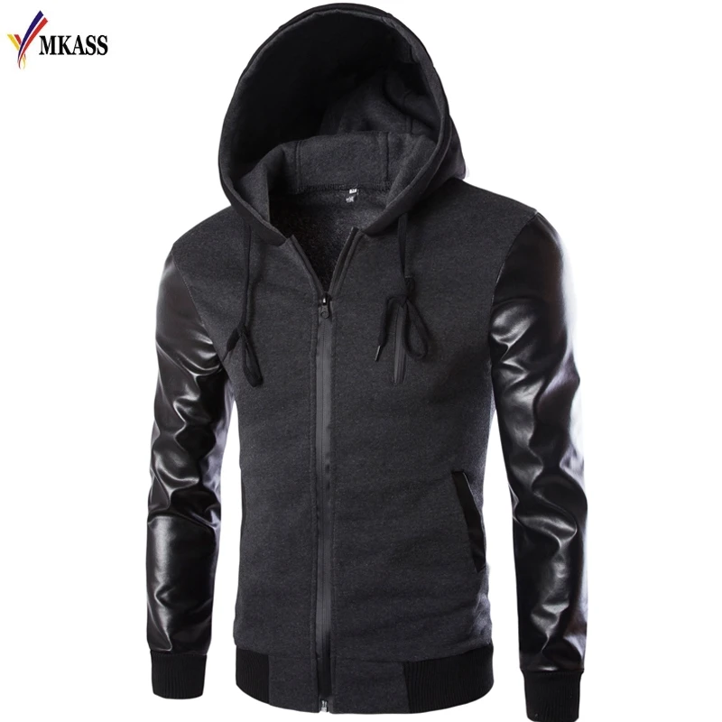 2017 Cool Hooded Jacket Spring Fashion Pu Leather Sleeve Splice Bomber Jacket Casual Windbreaker Blouson Veste Sweat Homme